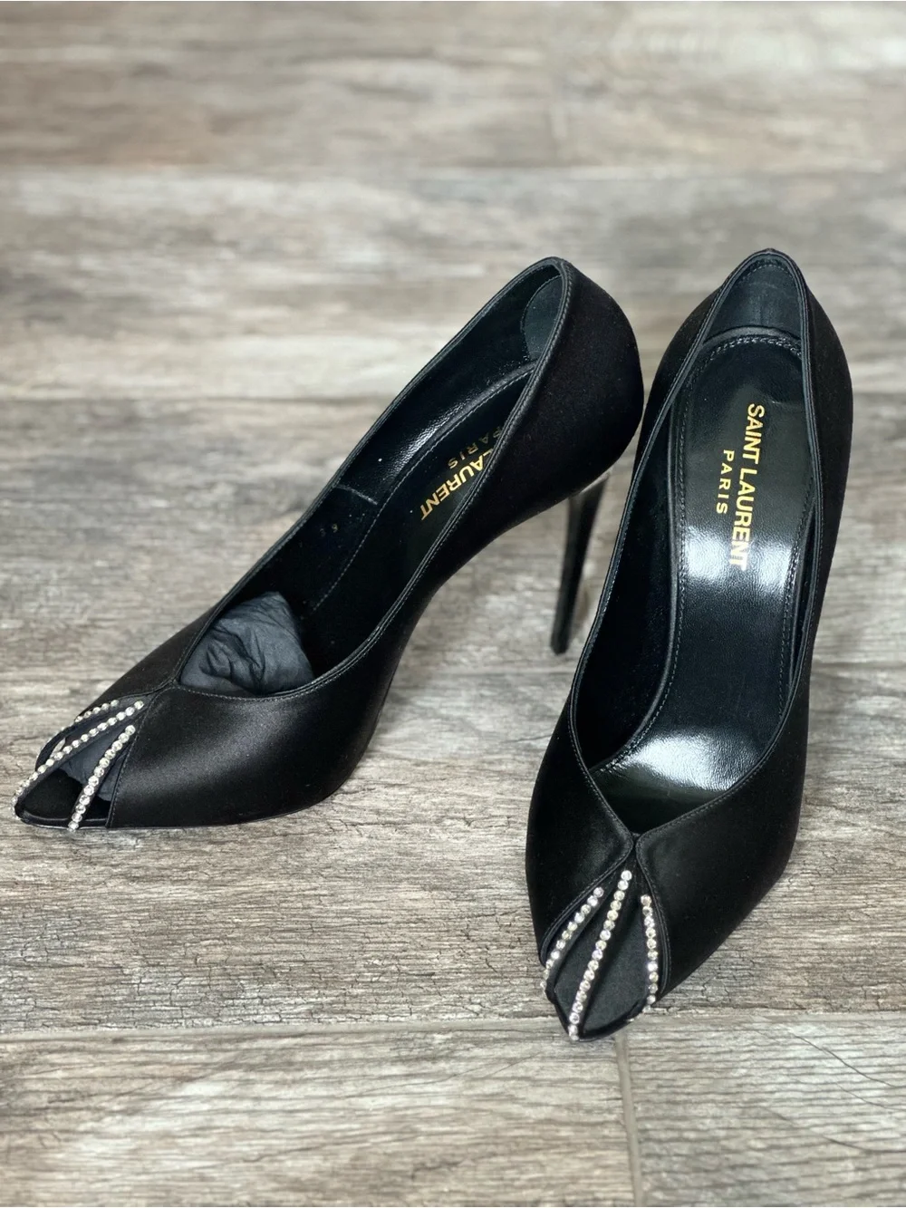 Saint Laurent Black Pointed Toe Stiletto Heels Crystal Detail Nero Silver Shade - Picture 15 of 16